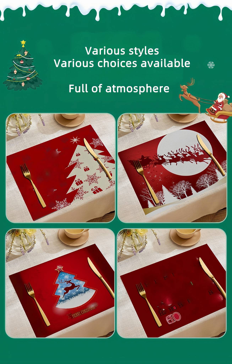 Christmas Table Mats With Santa And Reindeer Print - Festive Dining Decor (3-Piece Set)_voghion.com