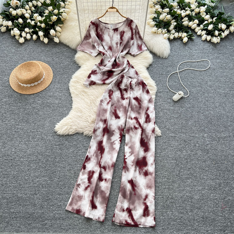 Women's Clothing Two Piece Suit Cross Waist Round Neck Short Sleeves Printed Top High Waist Casual Wide Leg Pants_voghion.com