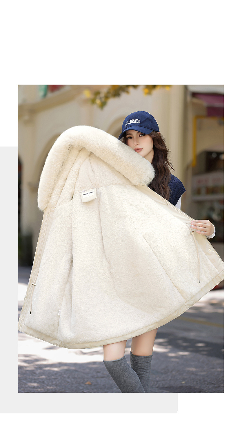 Women's Parka Coat With Detachable Rabbit Fur Hood, Waist-Belted Winter Jacket, Thickened Polyester Shell & Down Cotton Filling For Casual & Office_voghion.com