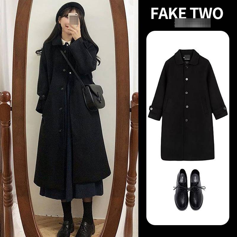 Trenchcoat im klassischen britischen Stil für Damen – mittellanger Mantel aus Wollmischung mit Gürtel in der Taille, zweireihiges Design für kleine bis große Größen (schwarz)_voghion.com