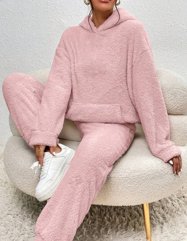 Pigiama da donna autunnali, caldo, con scollo rotondo, due pezzi, tinta unita, casual, comodo, abbigliamento da casa per donna_voghion.com