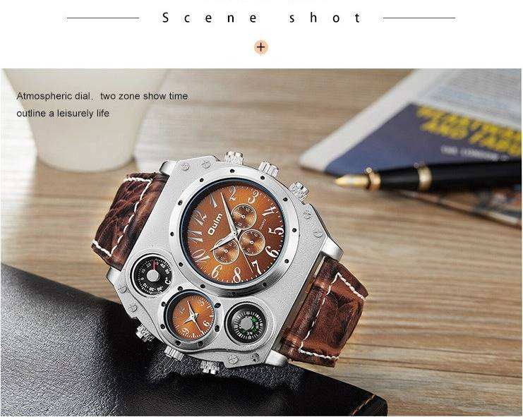 Herrenuhr mit GMT und zwei Zeitzonen und großem Zifferblatt – Quarzwerk, Lederarmband, lässiger Herrenuhr_voghion.com