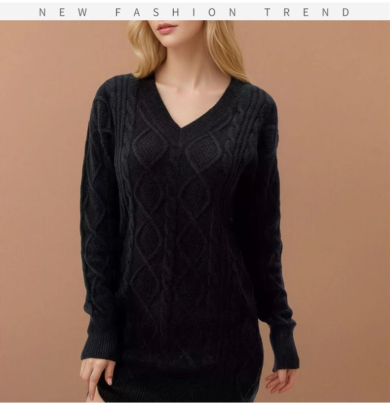 2025 Herbst Winter Neue Mittellange Pullover V-Ausschnitt Einfarbig Gestrickt Mode Lässig Damen Zopfmusterkleid_voghion.com