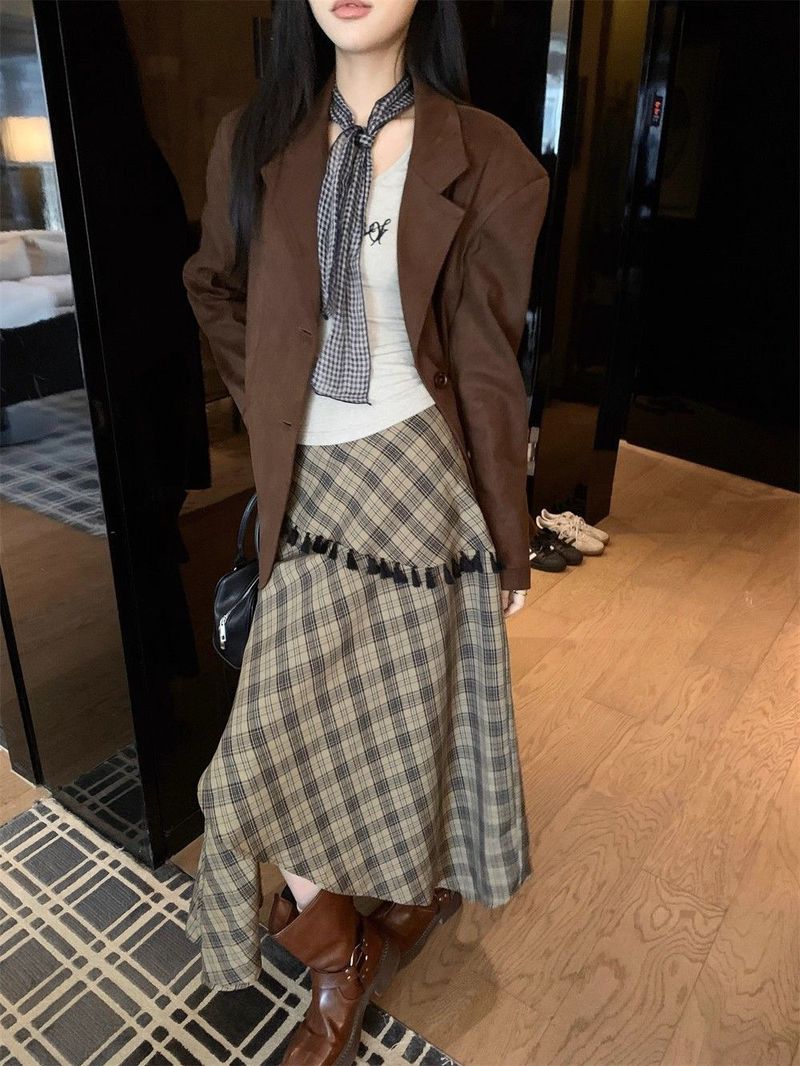 Ragazza Originale Qualità Tre Pezzi Set Per Donna Retro Autunno Inverno Nuovo Completo Giacca Scamosciata Base Camicia Gonna Scozzese_voghion.com