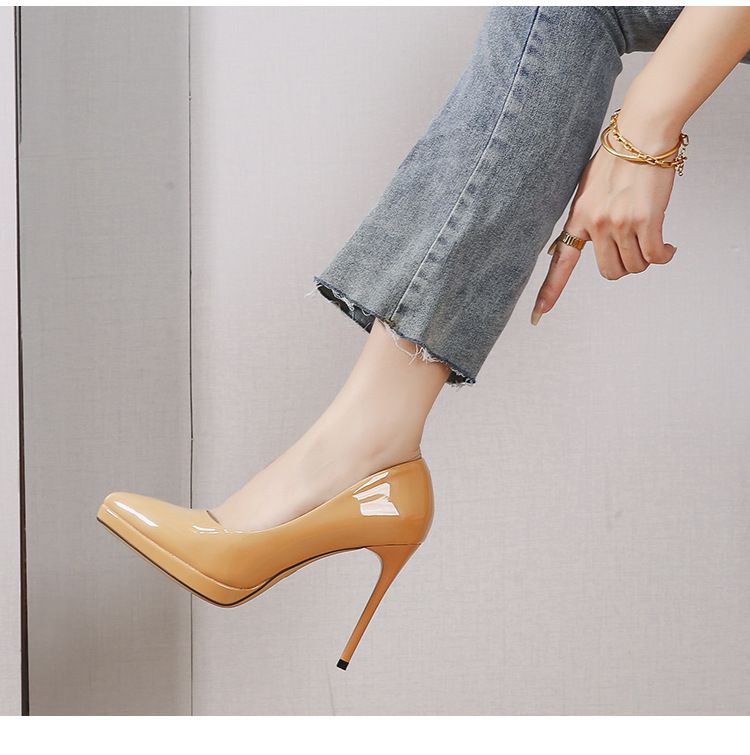 968-10 Tacco sottile ultra alto, plateau impermeabile, fibbia quadrata, cinturino posteriore cavo in vernice, da donna, singole_voghion.com