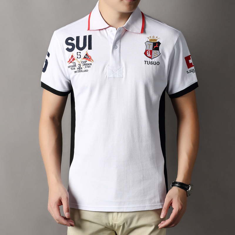 Kurzarm-Poloshirt für Herren, bestickt, modisch, lässig, Slim Fit, reine Baumwolle, Schlitz in Übergröße_voghion.com