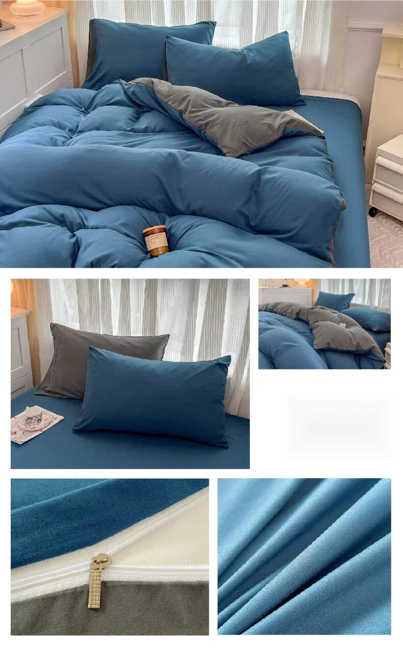 Juego de cuatro piezas de color sólido, funda nórdica cepillada lavada simple, ropa de cama de primavera para dormitorio de estudiantes de estilo moderno_voghion.com