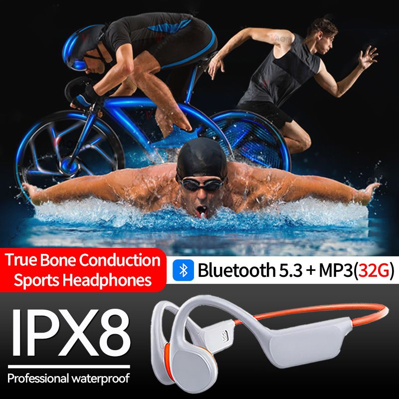 IPX8 Waterproof Bone Conduction Headphone Bluetooth5.3 Wireless Ear-hook Headset Built-in MP3 32G Sports Earphone_voghion.com
