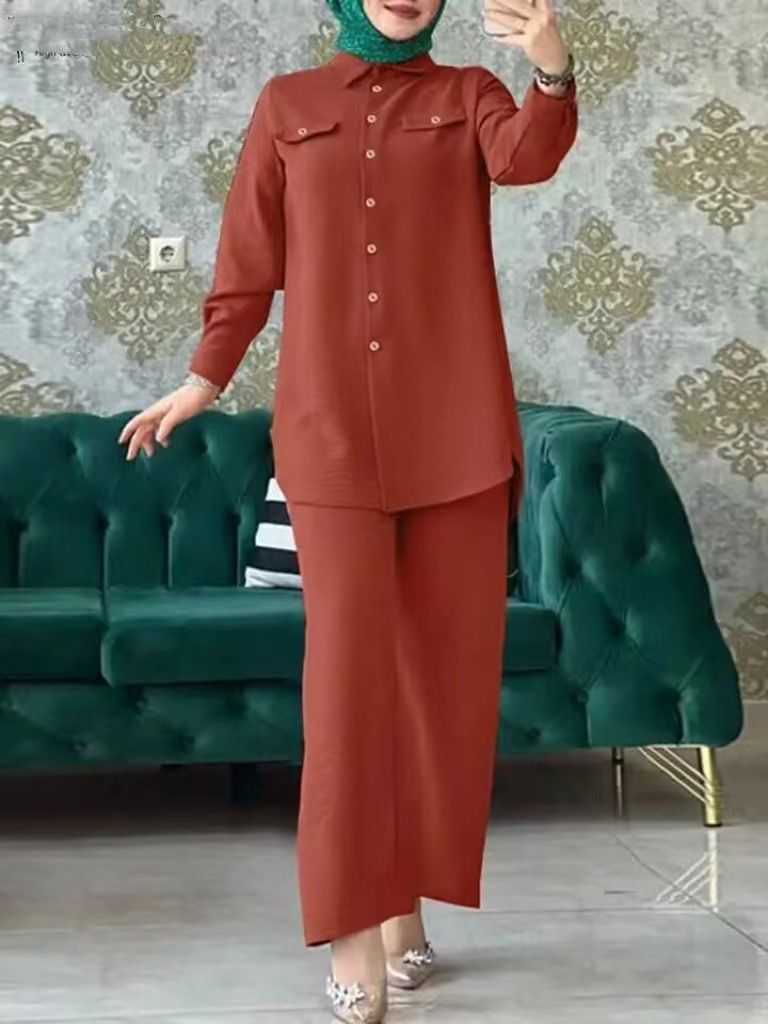 Women's Middle Eastern Muslim solid color long-sleeved wooden button bag flap shirt and trousers two-piece set in stock_voghion.com