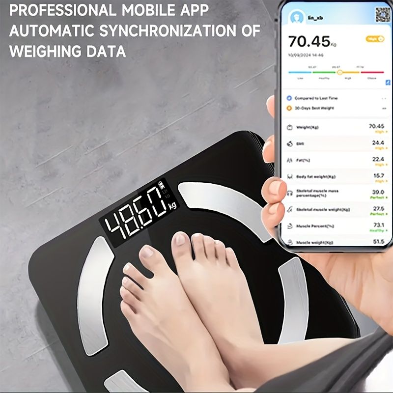 Bilancia digitale intelligente con BMI, monitor del peso corporeo, connessione all'app per una facile analisi dei dati, materiale plastico, alimentazione AAA, no_voghion.com