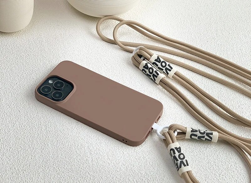 Crossbody Lanyard Strap Rope Cord Soft Case For iPhone 12 13 MiNi 11 Pro Max XS XR X 8 7 Plus SE 3 Brown Silicone Cover_voghion.com