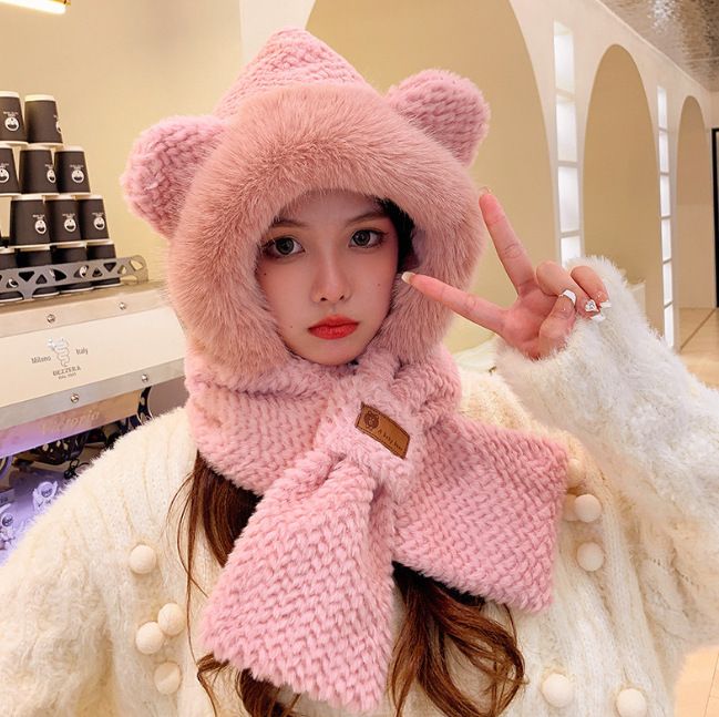 2025 Autumn Winter Women Cute Warm Neck Protection Scarf Integrated Fleece Lined Thickened Plush Hat Versatile_voghion.com