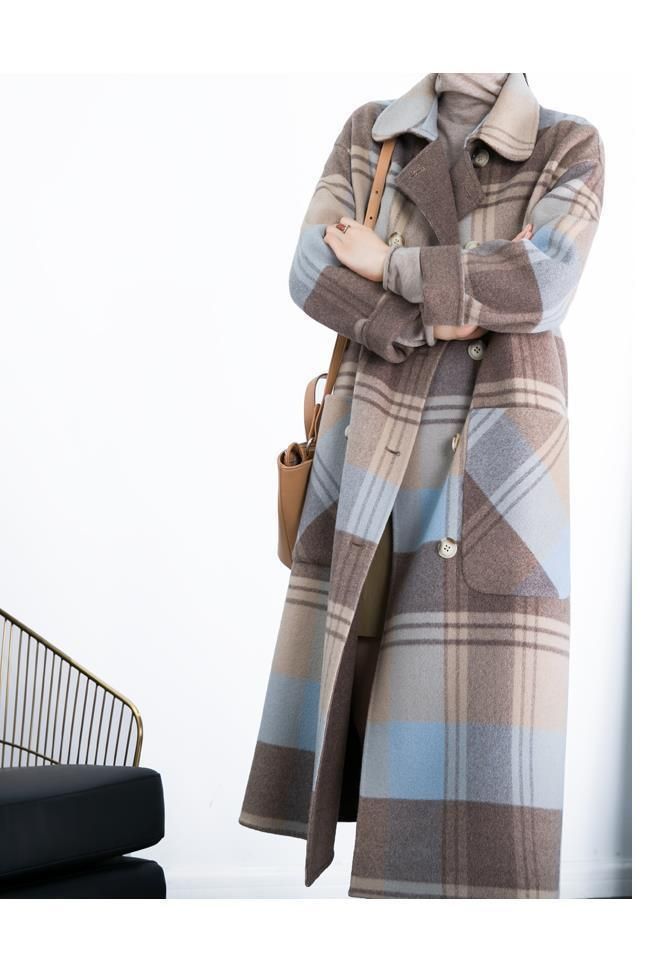 Damenbekleidung Karierter Wollmantel für Damen, Overknee-Zweireiher, große Taschen, lockere, mittellange Manteljacke_voghion.com