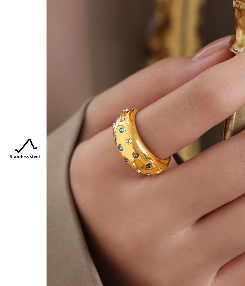 Retro Inlaid Ring Colored Diamond Opening Personality Temperament Ring Titanium Steel Ring Jewelry Women_voghion.com