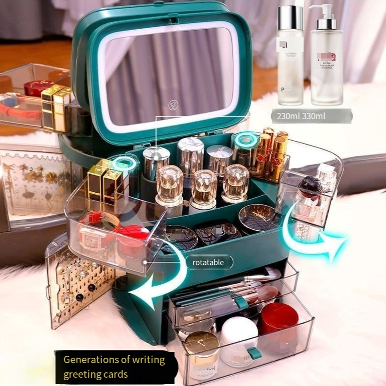 Cosmetic Storage Box Super Hot Large Capacity Portable Skin Care Box With Mirror Makeup King Gold_voghion.com