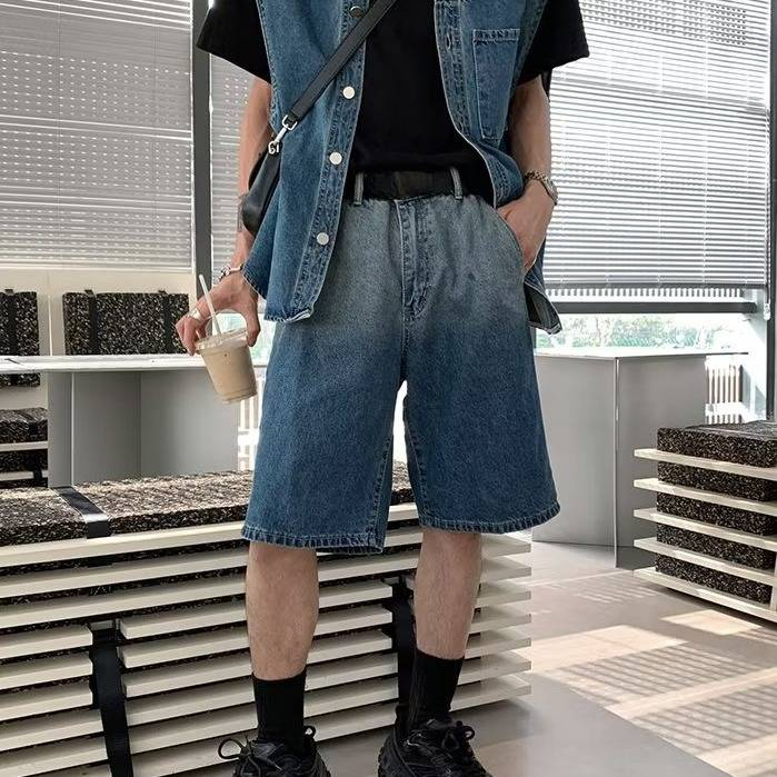 Retro Loose Fit Denim Shorts Men's Casual High Street Summer Shorts With Stretch Comfort_voghion.com
