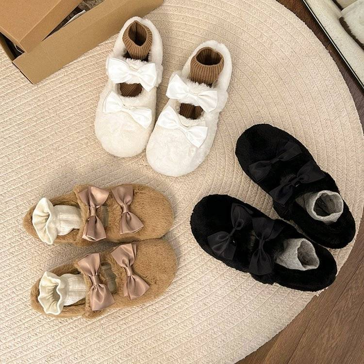 Nuove scarpe da donna autunno/inverno 2025.1 con doppio fiocco e scarpe in cotone felpato, senza calzini_voghion.com
