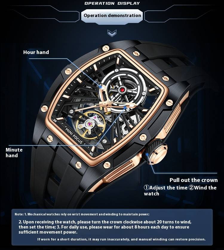 Men's Automatic Skeleton Watch With Stainless Steel Case, Silicone Strap, Luminous Hands, And 50m Water Resistance Automatic Mechanical Watch 0603G_voghion.com