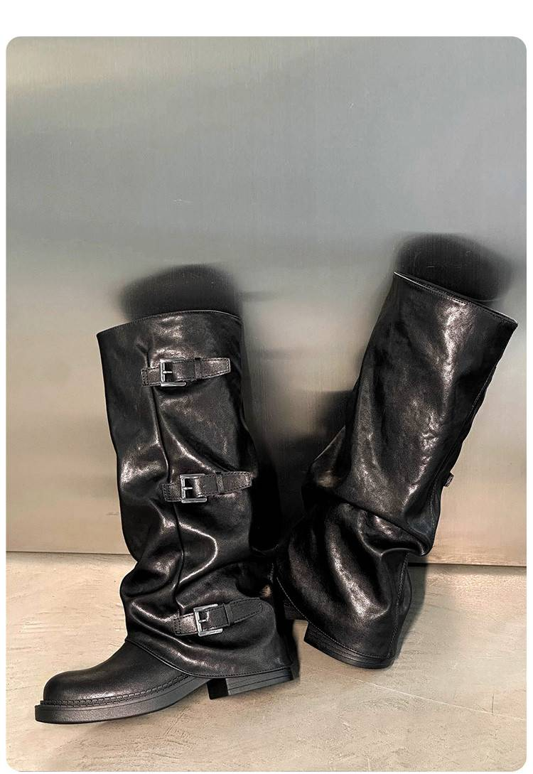 Cameido Western Cowboy Boots With Belt Buckles Autumn Winter Wasteland Style Folded Pile Long Boots With Trouser Legs_voghion.com