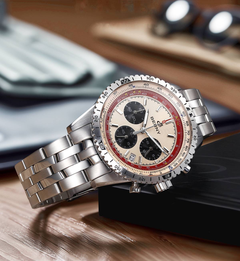 BERNY Silver Chronograph Watches For Men Multifunction Quartz Watch With Tachymeter Date Stainless Steel Waterproof Luminous Sapphire Wristwatch_voghion.com