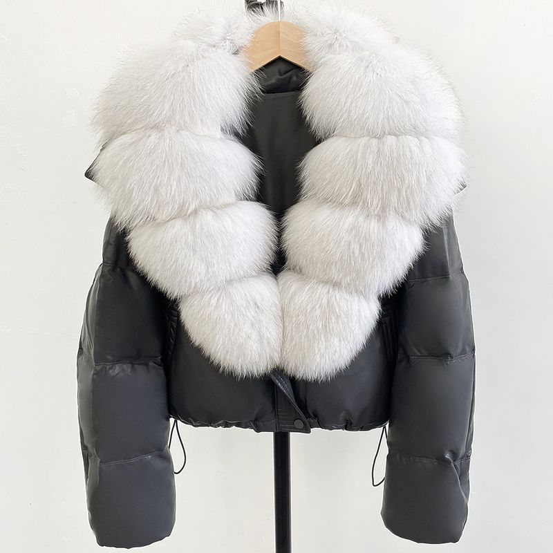 Luxury Fox Fur Trim Short Down Jacket For Women, Warm Winter Coat With Detachable Hood, Slim Fit Puffer Coat For Petite, Casual & Elegant Outerwear_voghion.com