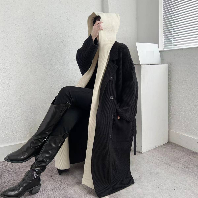 Cardigan lungo con cappuccio oversize da donna - Cappotto spolverino a strati in maglia spessa con dettaglio cintura, comodo capo invernale a strati in beige/grigio/nero_voghion.com
