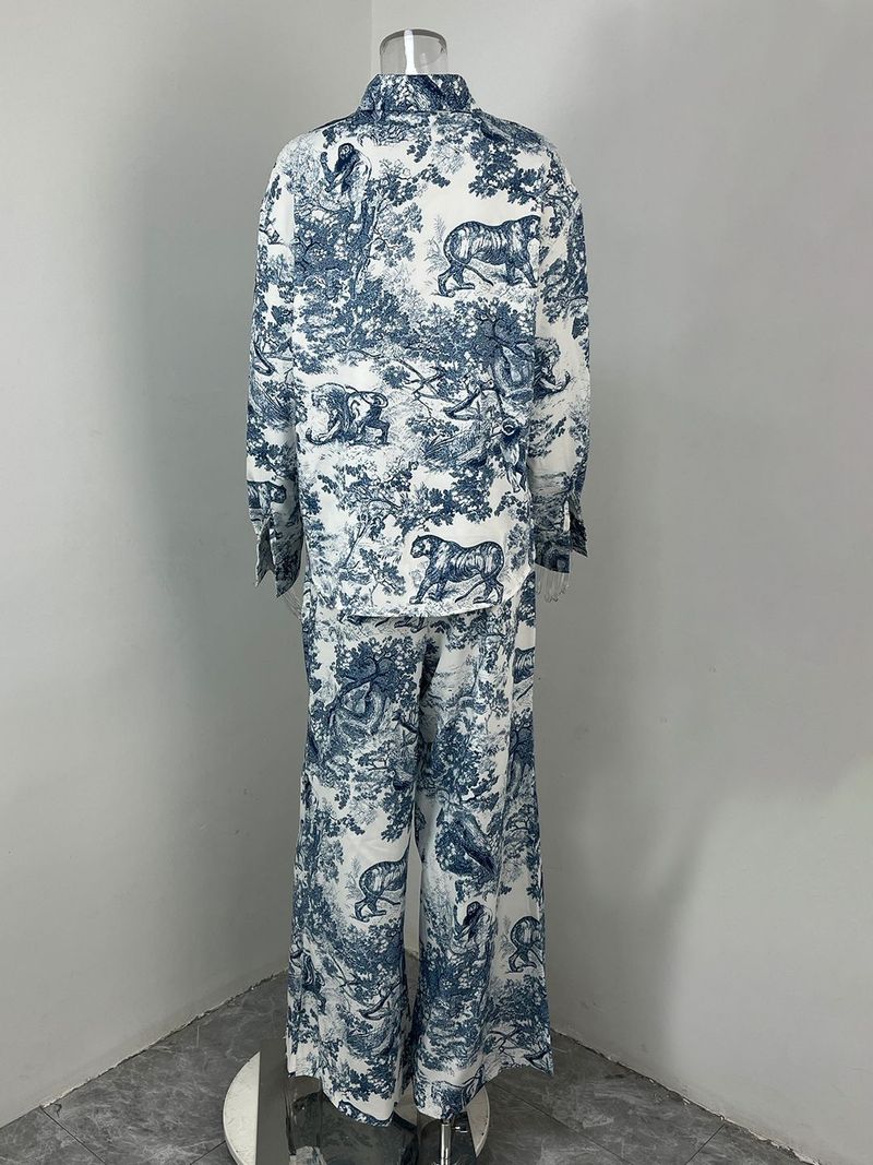 Vêtements pour femmes, nouveau style de printemps, costume pour femmes, imprimé, col rond, manches chauve-souris amples, taille, pantalon large, costume de mode_voghion.com