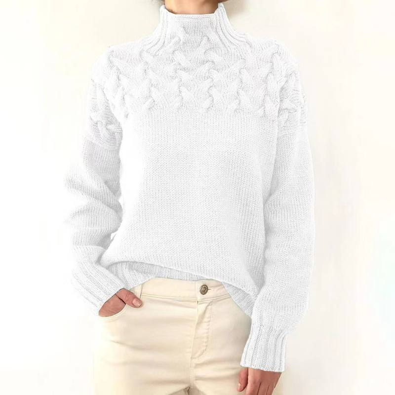 Women's casual long-sleeved turtleneck solid color sweater pullover_voghion.com