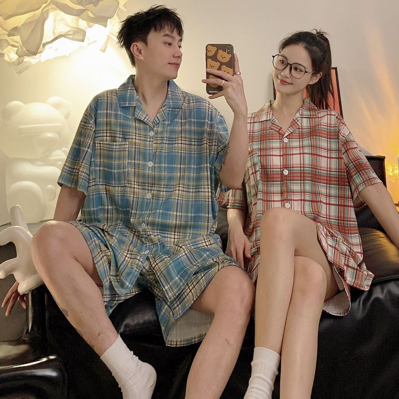 2024 Nieuwe Couple Network Rode Stijl Geruite Pyjama Casual Dames Zomer Puur Katoen Korte Mouw Set Dun Thuis_voghion.com