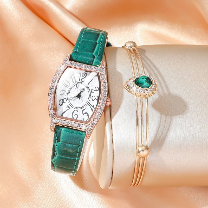 5pcs/set2024 Simple and stylish diamond digital surface red leather belt watch jewelry set_voghion.com