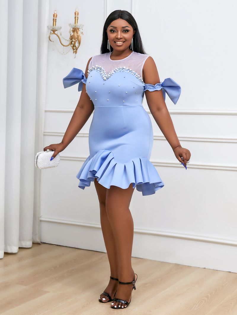 Sexy perspective mesh bow beaded ruffle party dress large size dress_voghion.com