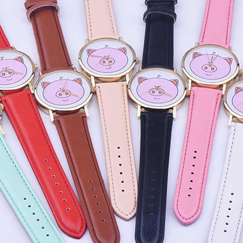 Yamaler Women Cute Pig Pattern Faux Leather Band Analog Quartz Fashion Wrist Watches_voghion.com