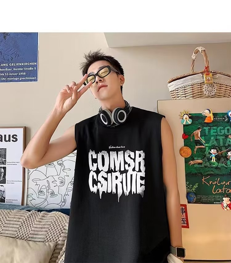 American High Street Veelzijdige mouwloze losse grote tanktop voor jongens Zomer effen sport Kam schouder T-shirt Top_voghion.com