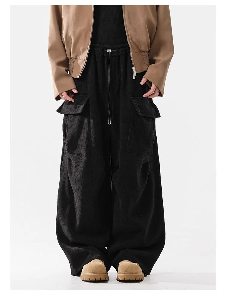 Corduroy Cargo Pants With Fleece Lining – High Waist, 65% Polyester, Drawstring Closure, Black/Khaki, S-XXL (Unisex Winter)_voghion.com
