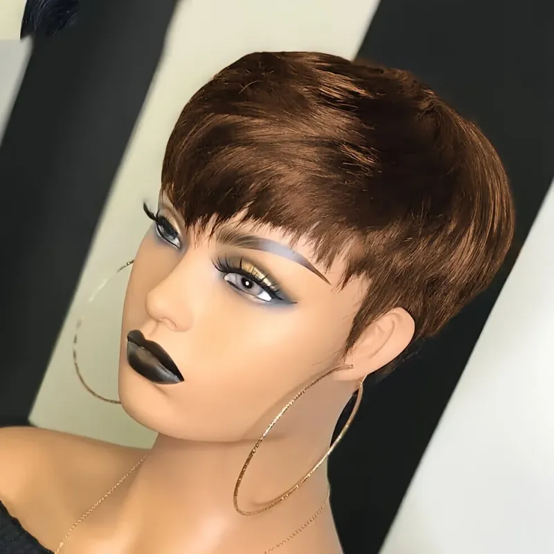 Kuerz Pixie Cut Riicht Mënschlech Hoer Perück Remy Hoer Perück mat Pony 150% Dicht 6 Zoll_voghion.com