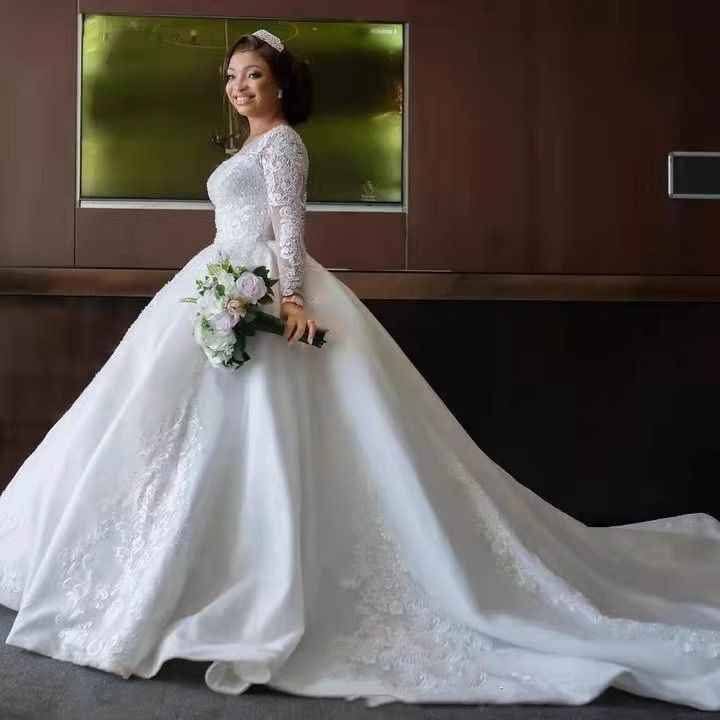 Elegant Long Sleeve Wedding Dress With Cathedral Train – Luxurious Ball Gown For Brides, Plus Size Options Available_voghion.com