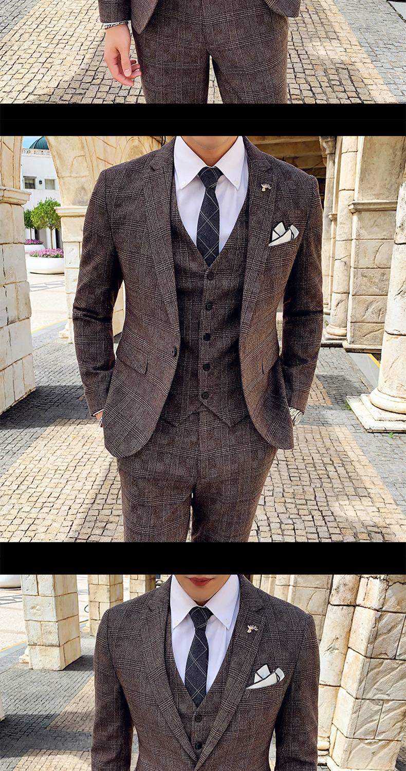 Men's Three-piece Suit Korean Style British Slim Plaid Wedding Casual Three-piece Suit_voghion.com