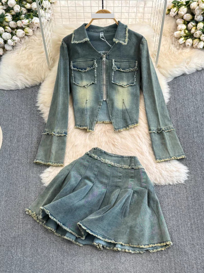 Vêtements pour femmes Costume de mode pour femmes rétro fermeture éclair lavé bord brut denim veste courte deux pièces costume taille haute jupe plissée mince_voghion.com