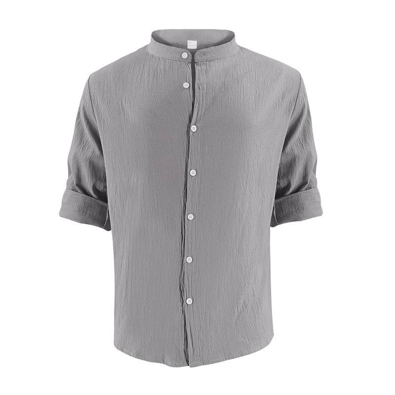 Camicia hawaiana a maniche lunghe, semplice, casual, in lino, traspirante, da uomo, estiva, con pantaloncini da spiaggia._voghion.com