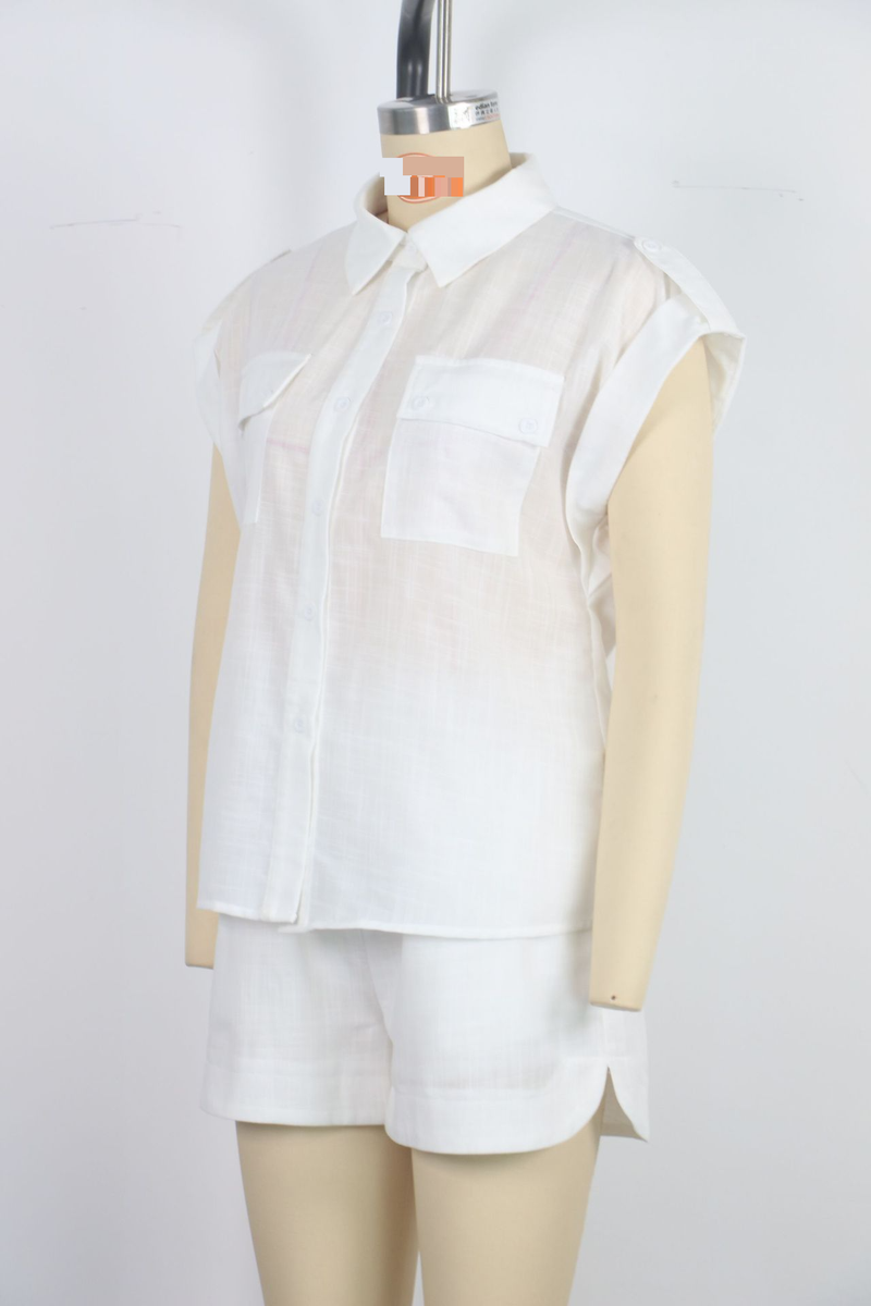 Abbigliamento da donna, camicia casual con tasca e maniche arrotolate, completo ampio in due pezzi, pantaloncini a gamba larga, camicia da completo_voghion.com