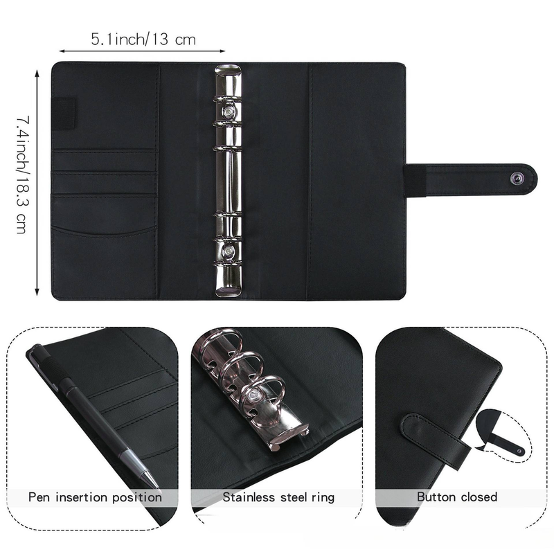Refillable Notebooks Cash Budget Account Book Snap Button A6 Loose Leaf Folder Zipper Bag Matcha Green Leather PU Loose Leaf Book_voghion.com