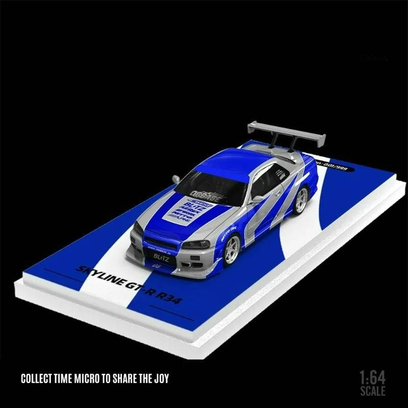 1:64 GT-R R34 Blue Silver Painting Alloy Car Model Model Car Collection& Display& Gift_voghion.com