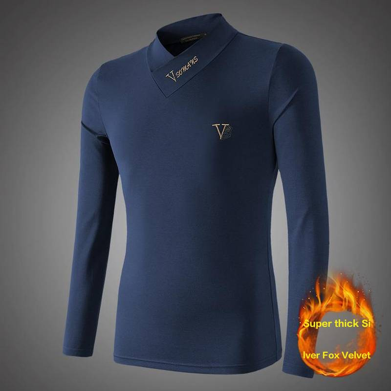Men's Slim Fit Thermal Long Sleeve T-Shirt With Silver Fox Fleece Lining, V-Neck & Mid-Collar For Winter Warmth_voghion.com