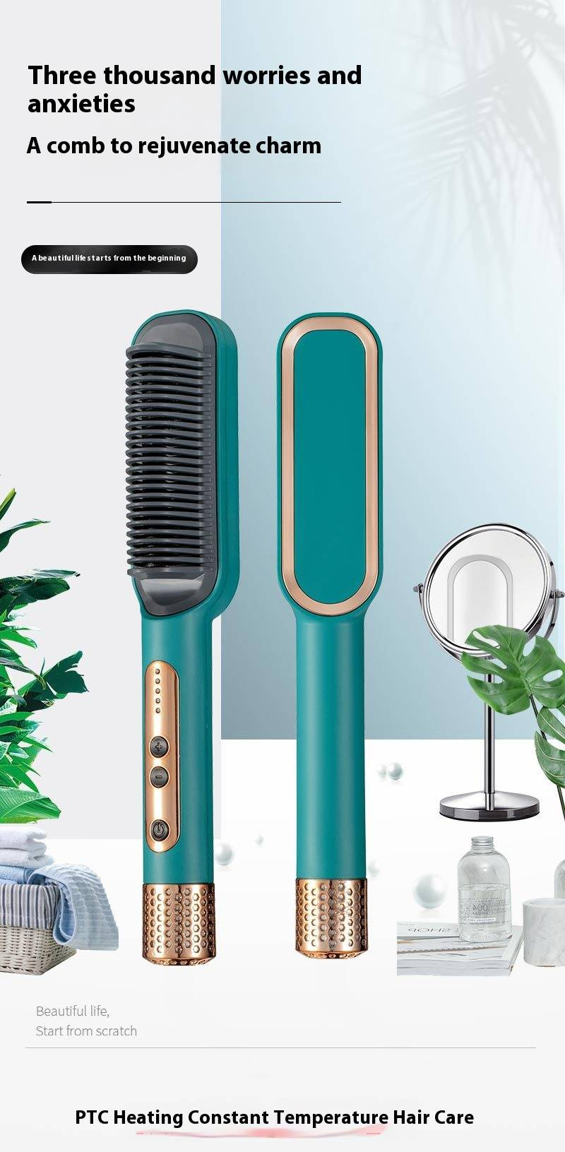 Ceramic Hair Straightener Comb – 5 Heat Settings, 16-20mm Heating Plate, 45W AC-Powered Styling Brush For Wet/Dry Hair_voghion.com