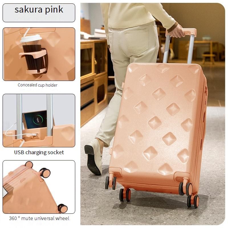 24-inch Stylish PC Luggage With Cup Holder & Phone Stand, Lightweight Spinner Suitcase For Travel, Geometric Pattern, (Multiple Colors & Sizes)_voghion.com