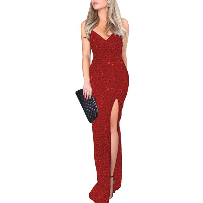 Abito da sera con paillettes scintillanti per donna - Elegante abito aderente senza maniche con scollo a V e spacco alto, abito in poliestere elasticizzato con glitter per la sera_voghion.com