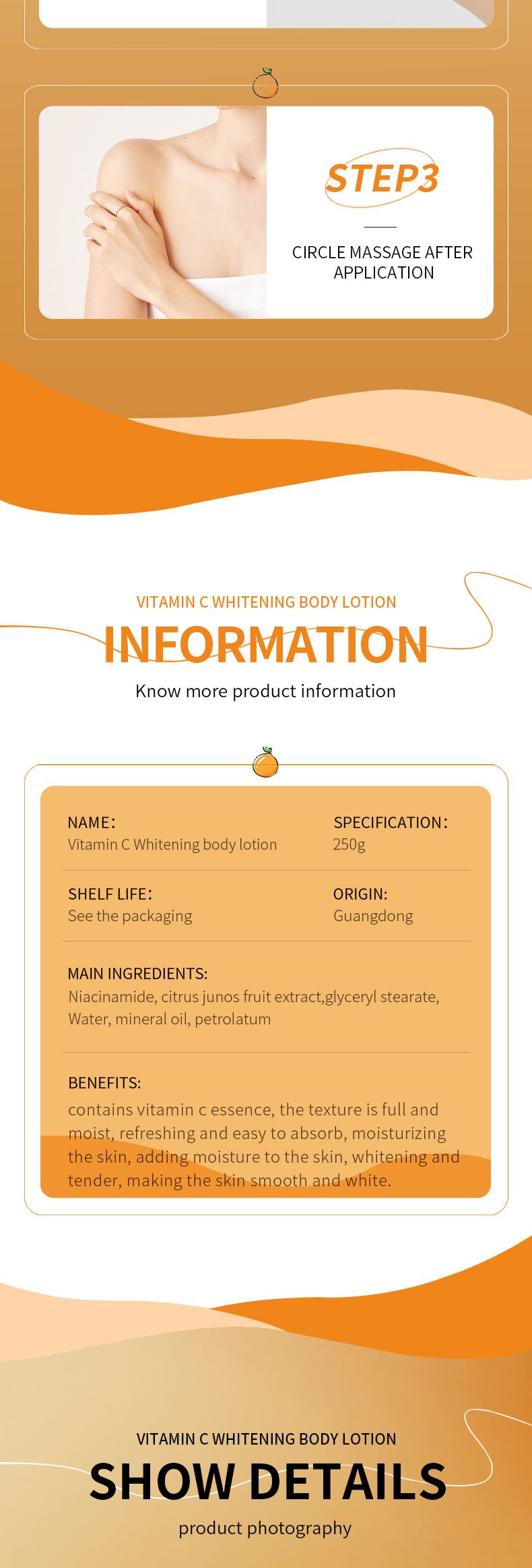 Lozione per il corpo SADOER Vitamina C Lozione per il corpo sbiancante 250 g per uomini e donne in autunno e inverno_voghion.com