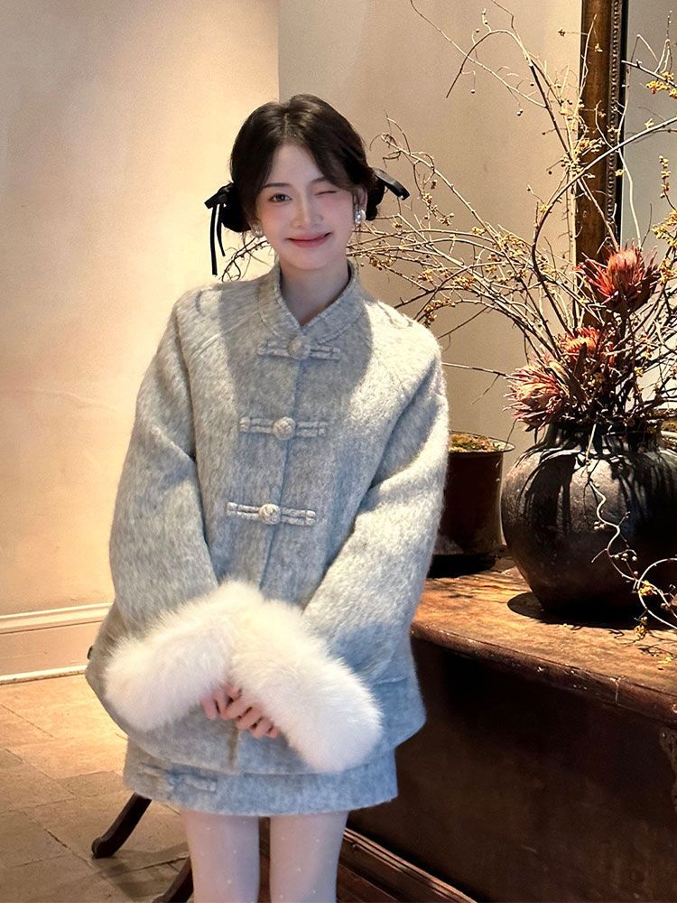 Costume deux pièces en laine grise douce et moelleuse de style chinois, automne-hiver, nouveau, épais, élégant, haut de gamme, anti-âge_voghion.com