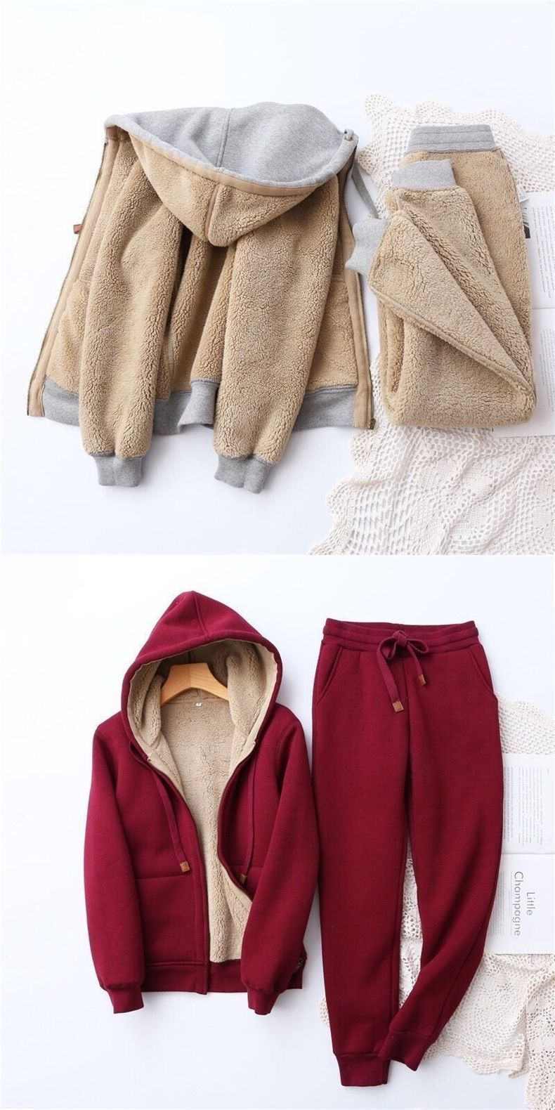 Women's Fleece-Lined Hooded Tracksuit Set – Korean Style Zip-Up Jacket & Lounge Pants, Soft Modal Blend (Black/Grey/Navy/Brick Red, Sizes S-4XL)_voghion.com