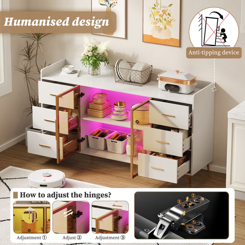 Küchenschrank Weiß 160x87cm, 6 Schubladen, Glastüren, LED-Beleuchtung, Goldgriffe_voghion.com